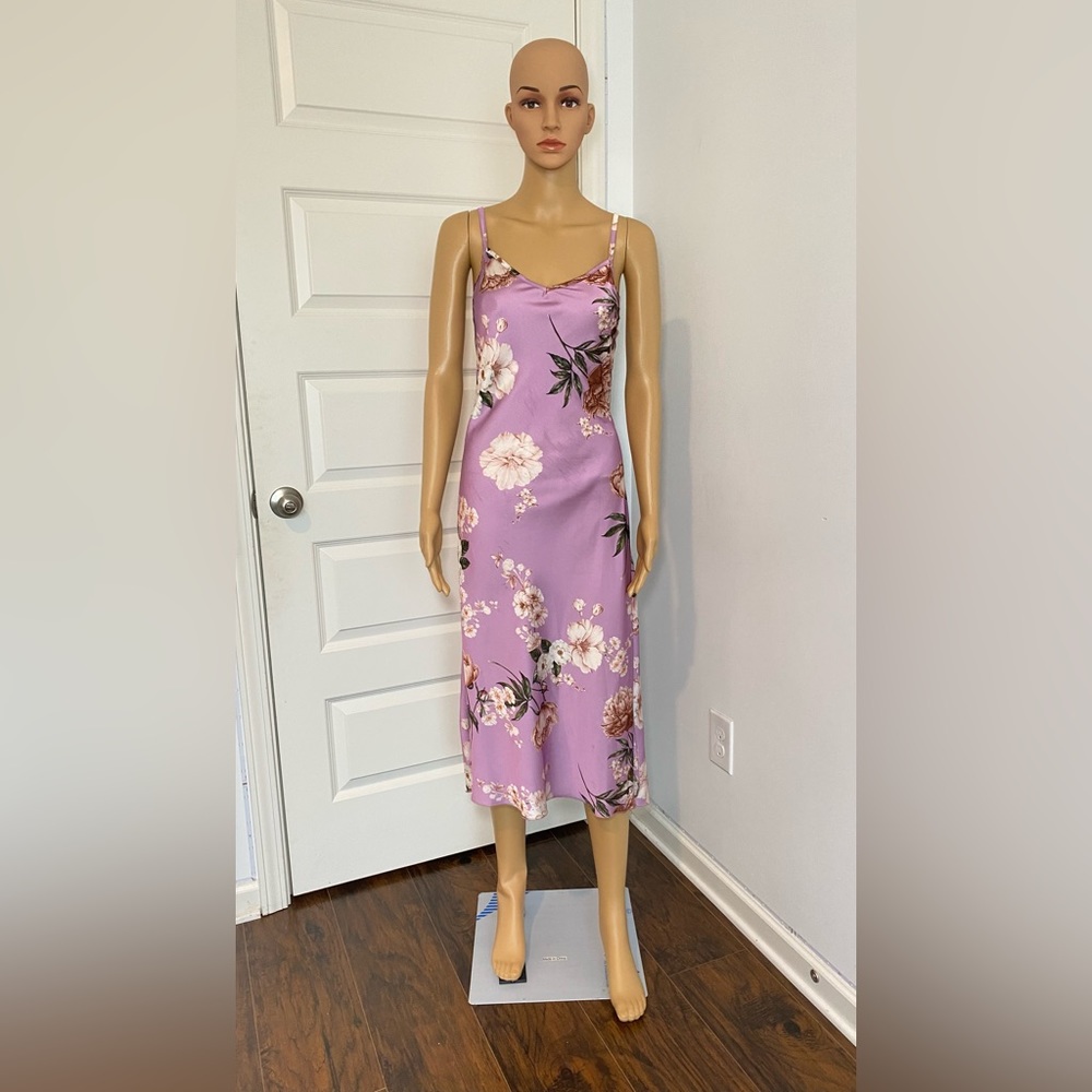 Purple Floral Satin Midi Dress - Size 10 - Gently Used
